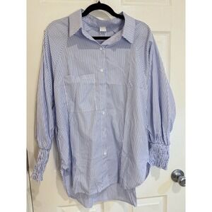 ASVIVID Striped Oversized‎ Shirt Smocked Cuffs Button Down Top Large